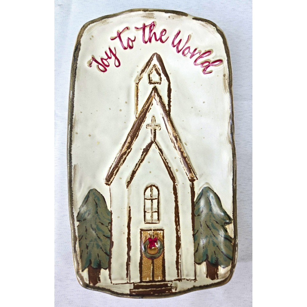 Mud Pie Christmas Church Tray Joy To The World Stoneware Ceramic Platter Dish
